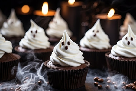 Homemade chocolate muffins with meringue ghosts for Halloweenの素材