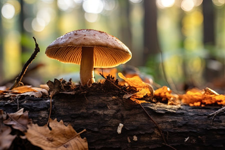 High quality photo of a brown mushroom in a natural forest backgroundの素材