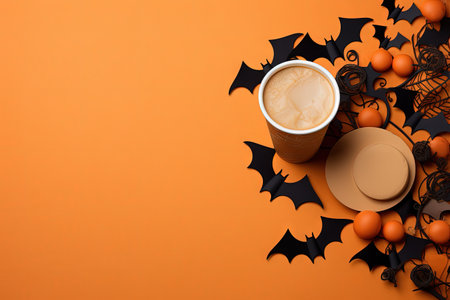 Halloween themed paper decorations on an orange background with a takeaway coffee Black bats pumpkinの素材