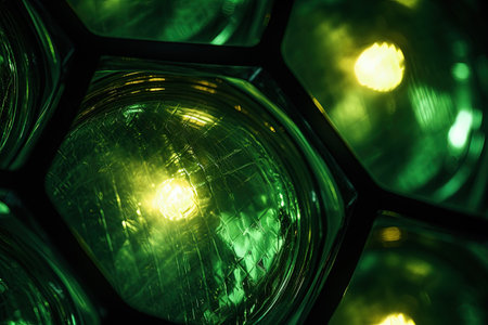 Illuminated green traffic light lens in close up viewの素材