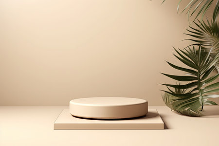 Leafy podium for showcasing cosmetics on a beige monochrome background ideal for branding and packagの素材
