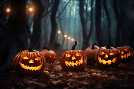 Halloween pumpkins on a spooky forest s wooden backdrop at nightの素材