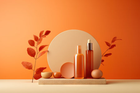 Minimalistic branding scene featuring Eco Autumn Podium presentation cosmetics on an orange backgrouの素材