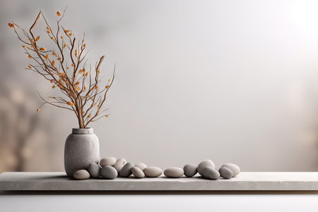 Natural grey stone podium on white background with product display and vase of dry branches Front viの素材