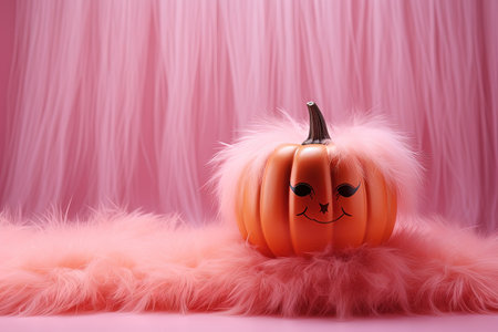 Modern aesthetic Halloween composition with pumpkin on glass podium and pink fur background Perfectの素材