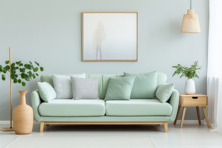 Modern mint sofa and elegant accessories in a stylish living room designの素材
