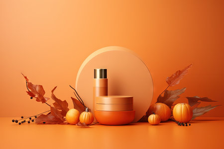 Minimalistic branding scene featuring Eco Autumn Podium presentation cosmetics on an orange backgrouの素材