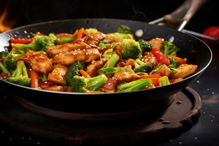 Sesame laden wok dish of stir fried chicken and vegetables a classic Asian cuisineの素材