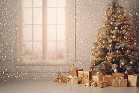 Room with space for text featuring a lovely Christmas tree and gift boxesの素材