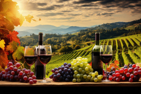 Rustic images of wine production in a vineyard during autumn featuring glasses of red wine bottles aの素材