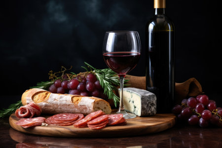 Red wine and variety of charcuterie in the backdropの素材