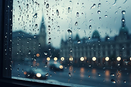 Rain drops on a window buildings in the backgroundの素材