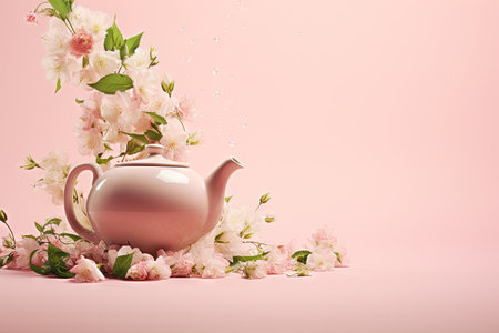 Tea pot pouring fresh flowers and leaves into tea cup on pastel pink background representing a creatの素材