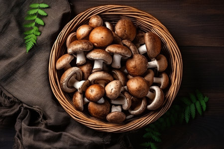 Top view of a wickered basket filled with forest mushrooms Fresh Leccinum scabrum on tableの素材