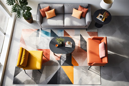 Top view of chic living room with cozy sofa and trendy carpetの素材