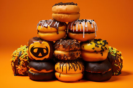 Variety of Halloween donuts on yellow backdropの素材
