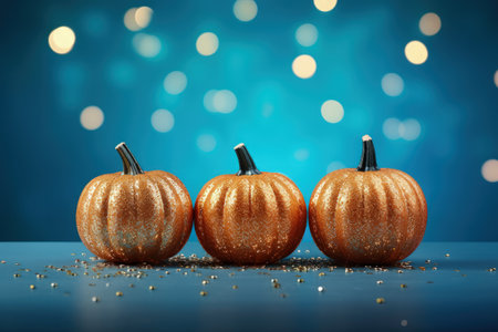 Three pumpkins arranged on a blue background with a shiny bokeh banner seen from aboveの素材
