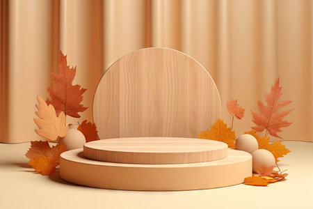 Wooden autumn podium featuring natural foliage is used as a minimalist branding scene for showcasingの素材