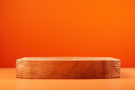 Wooden podium on orange background Mockup for holiday sale Halloween or Thanksgiving template Roughの素材