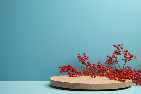 Wooden podium with autumn rowan berries on blue background Concept stage showcase product promotionの素材