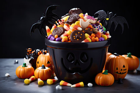 Assorted candies in Halloween bucket on white table indoorsの素材