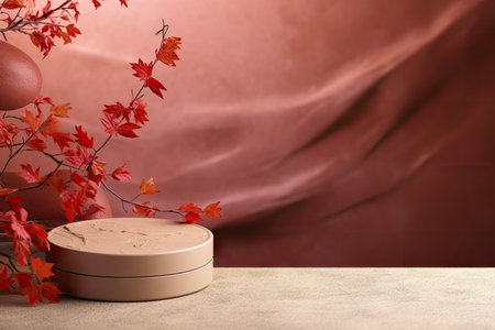 Autumn cosmetics mockup on podium or pedestal templateの素材