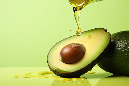 Applying essential oil to sliced avocado on a green surfaceの素材