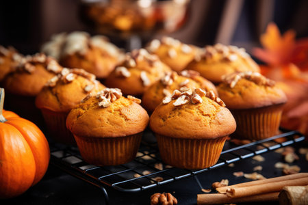 Autumn dessert Spicy pumpkin baked goods with walnuts on a metal rackの素材