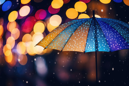 Blurred umbrella shaped bokeh lights against abstract bokeh backgroundの素材