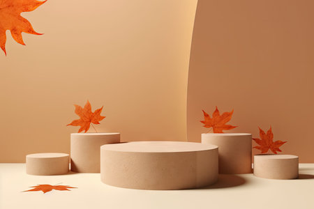 Autumn presentation with cylindrical podiums showcasing products Geometric shapes and maple tree leaの素材
