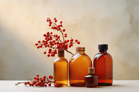Autumn themed cosmetics displayed on a glass podium with amber bottles for oil or serum decorated wiの素材