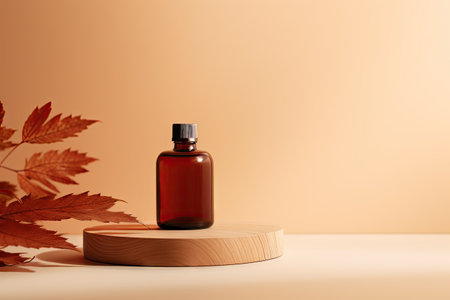 Autumn themed display featuring wood foliage and essential oil in a glass bottle Wooden podium preseの素材