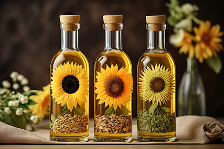 Bottled cooking oils sunflower olive sesame with ingredientsの素材