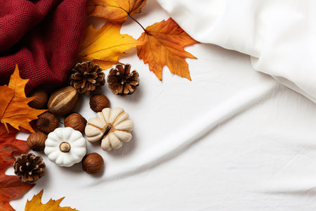 Autumn flat lay on winter blanket with copy space featuring pumpkins nuts cones and rosehipsの素材