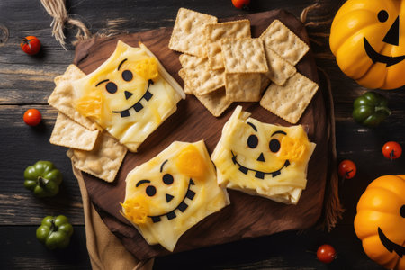 Creative and funny Halloween party food cheese snacks on a wooden table Top view flat lay backgroundの素材