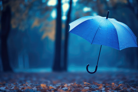 Blue umbrella in heavy rain against nature backdrop Concept of rainy weatherの素材