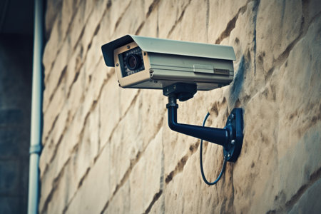 CCTV camera installed on wall in ancient cityの素材