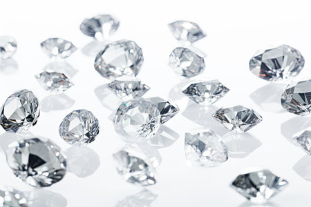 Expensive diamonds on white background with ground reflections and ample space for copyingの素材