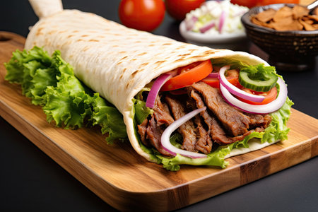 Delicious meat wrap with lettuce tomato red onion on wooden tray on white ceramic tableの素材