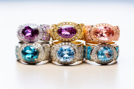 Color gemstone rings with colored diamonds and gemstones presented together on a white backgroundの素材