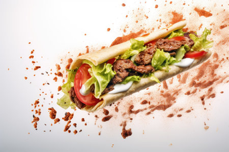 Floating ingredients in the air beef lettuce onion tomatoes spice White background copy spaceの素材