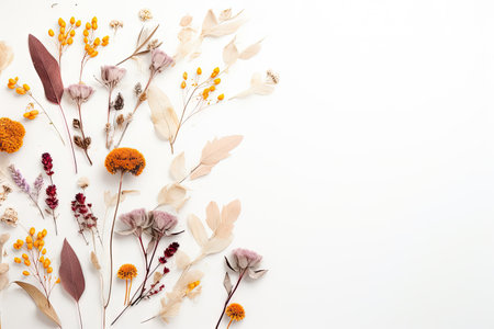 Eucalyptus branches and dried flowers arrangement on white background Top view Copy space Imageの素材