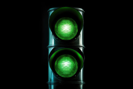 Green traffic signal on black backdropの素材