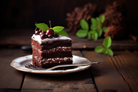 Homemade chocolate cake on wooden tableの素材
