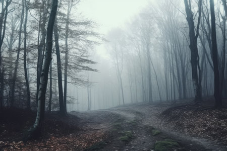 Misty spooky forest in the morning mistの素材