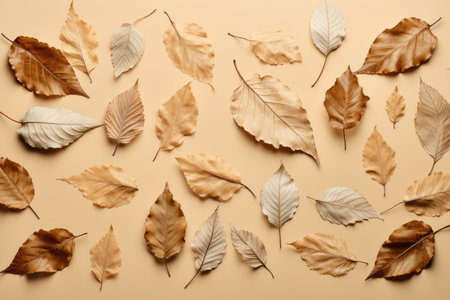 Nature themed flat lay using dry leaves for a creative arrangementの素材