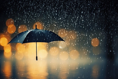 Rain and lightning on black umbrella on blurred backgroundの素材