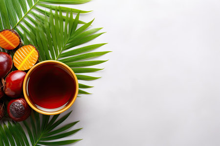 Palm oil bowl tropical leaf fruits on light table flat lay text spaceの素材
