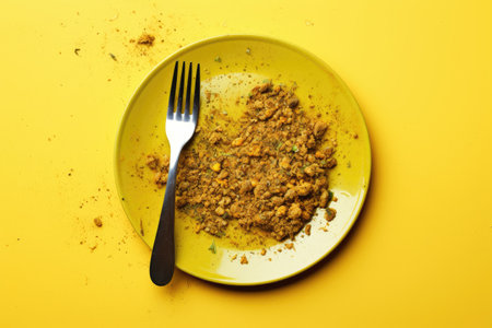 Top view of a dirty plate with food remnants and a fork on a yellow backgroundの素材