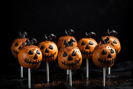 Tasty Halloween cake pops on black background room for textの素材